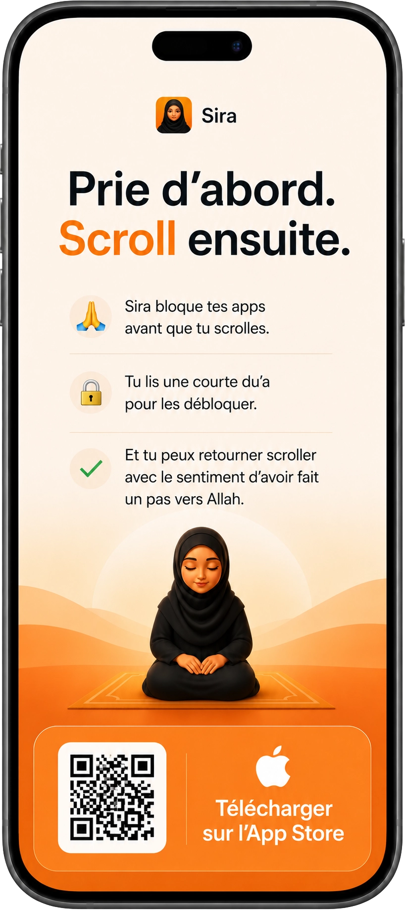 Aperçu de l'app Sira sur iPhone montrant le blocage automatique des apps de distraction et la lecture d'une courte du’a avant déblocage.